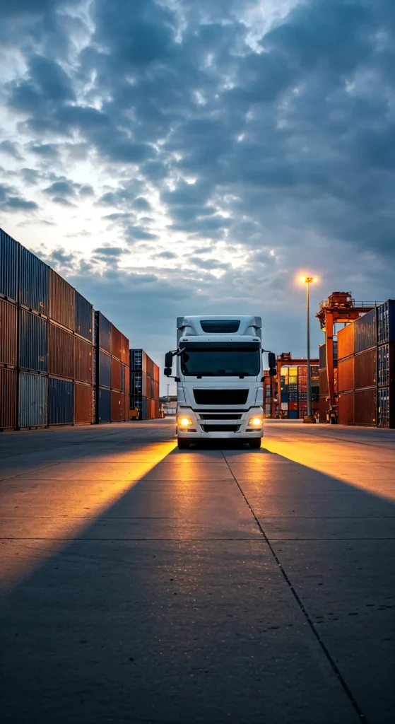 ciezarowka przejezdzajaca przez port towarowy o zachodzie slonca